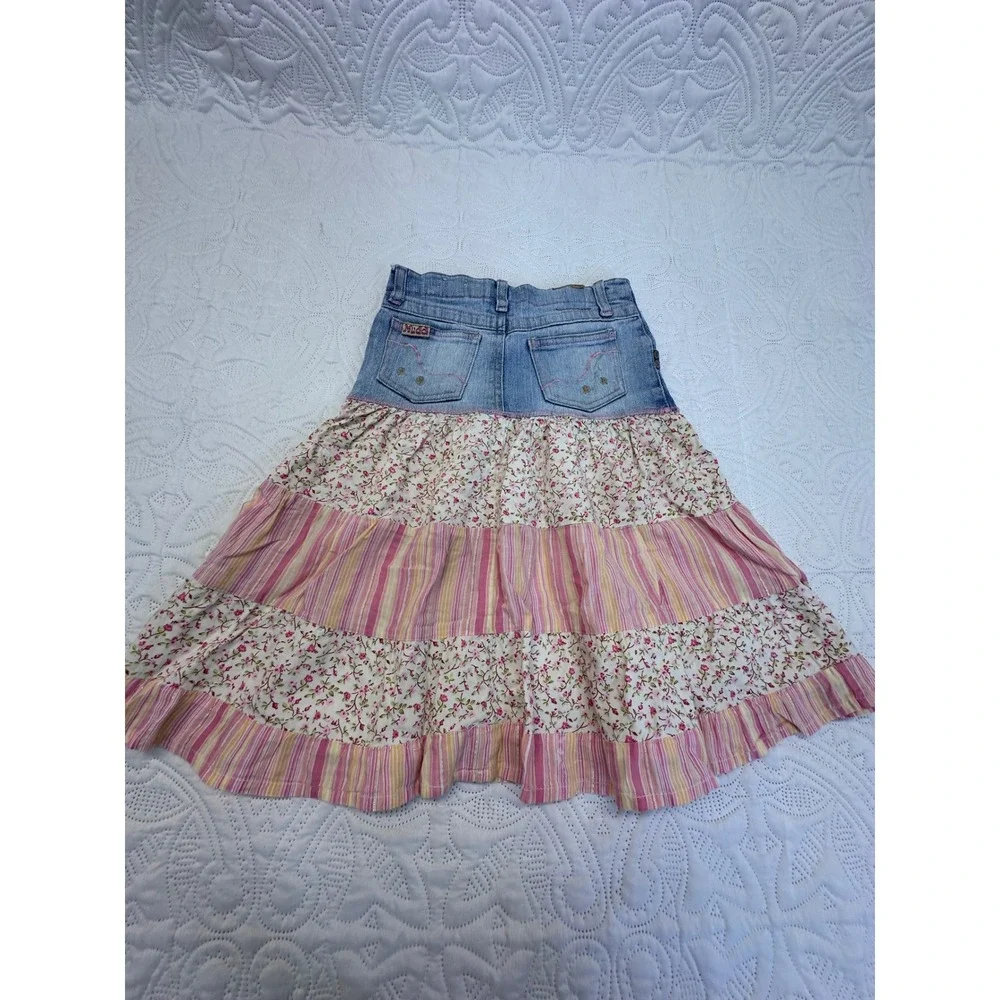 Mudd Girls Denim Tiered Floral Striped Skirt Size 6X Pink Yellow Blue Boho